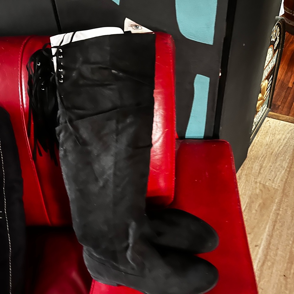 At or Over knee black suede boots with fringe